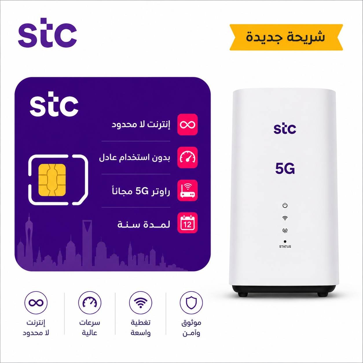 شريحة STC باقة لا محدود لمدة سنة | مع راوتر مجاني 5G